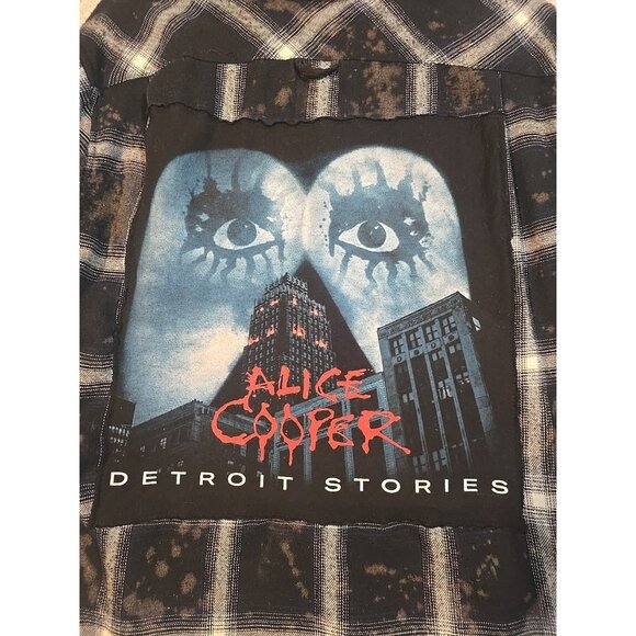 OOAK Upcycle Flannel Shacket Alice Cooper Rock Music Graphic Tee Boyfriend Large - Picture 2 of 10